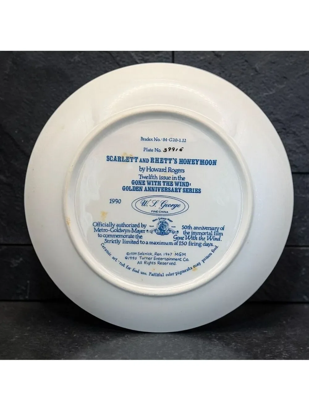 Vintage 1990 W.S. George Gone With the Wind Scarlett Rhett Honeymoon Plate COA